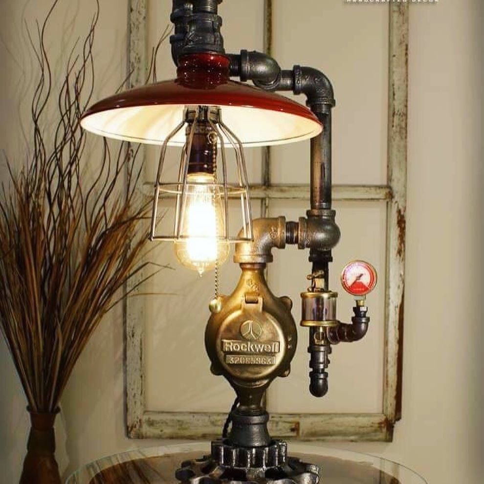 Shade and Cage pipe lamp, industrial enamel shade table light